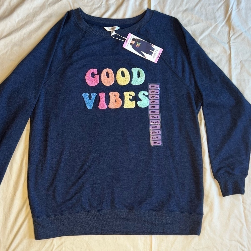 NWT Wildfox size small blue good vibes sweat shirt. - Picture 3 of 5